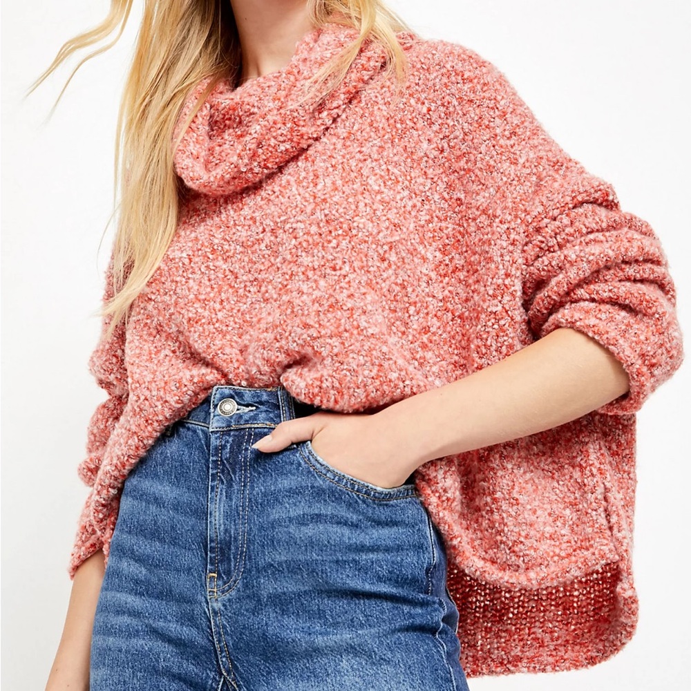 Free People BFF Sweater‎ Size Large Red Lotus Chunky Knit Cowl Neck Oversized